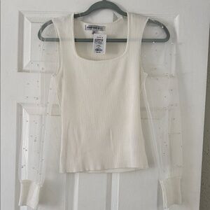 Madden Girl Cream Ribbed Tank with Sheer Pearl Sleeves